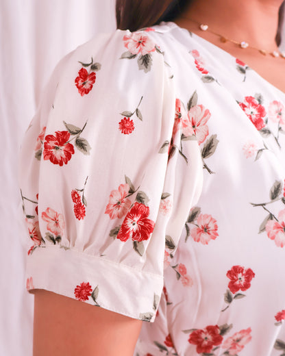 Rose White Floral Print Midi Dress