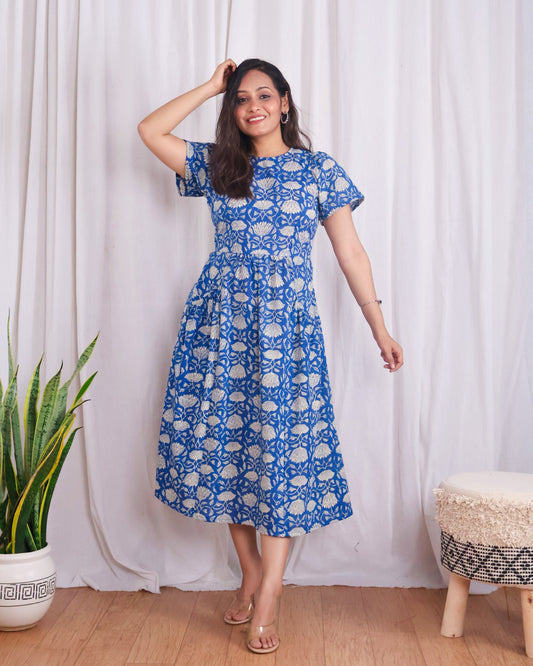 Summer Blue Floral HandBlock Print Midi Dress