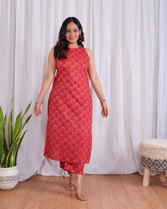 Eleanor Red Handblock Print Cotton Kurta Set