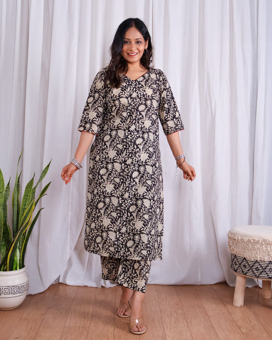 Vivian Black HandBlock Bagru Print Cotton Kurta Set