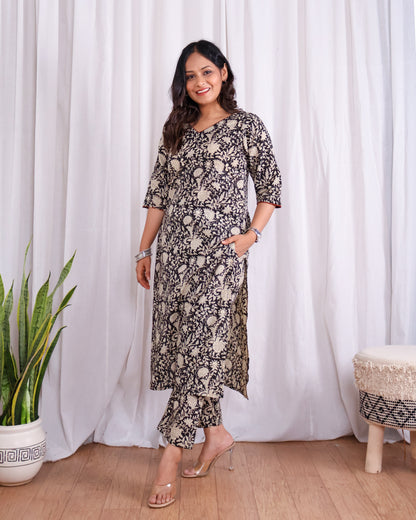 Vivian Black HandBlock Bagru Print Cotton Kurta Set