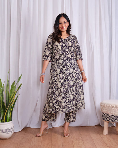 Vivian Black HandBlock Bagru Print Cotton Kurta Set