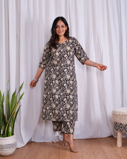 Vivian Black HandBlock Bagru Print Cotton Kurta Set
