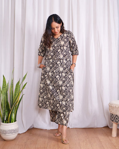 Vivian Black HandBlock Bagru Print Cotton Kurta Set