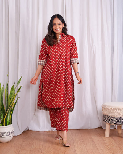 Tia Red Bagru HandBlock Print Cotton Kurta Set