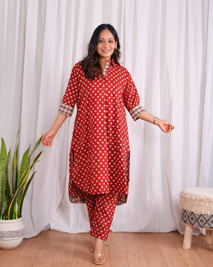 Tia Red Bagru HandBlock Print Cotton Kurta Set