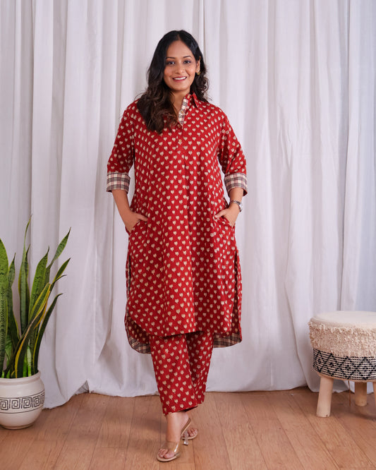 Tia Red Bagru HandBlock Print Cotton Kurta Set
