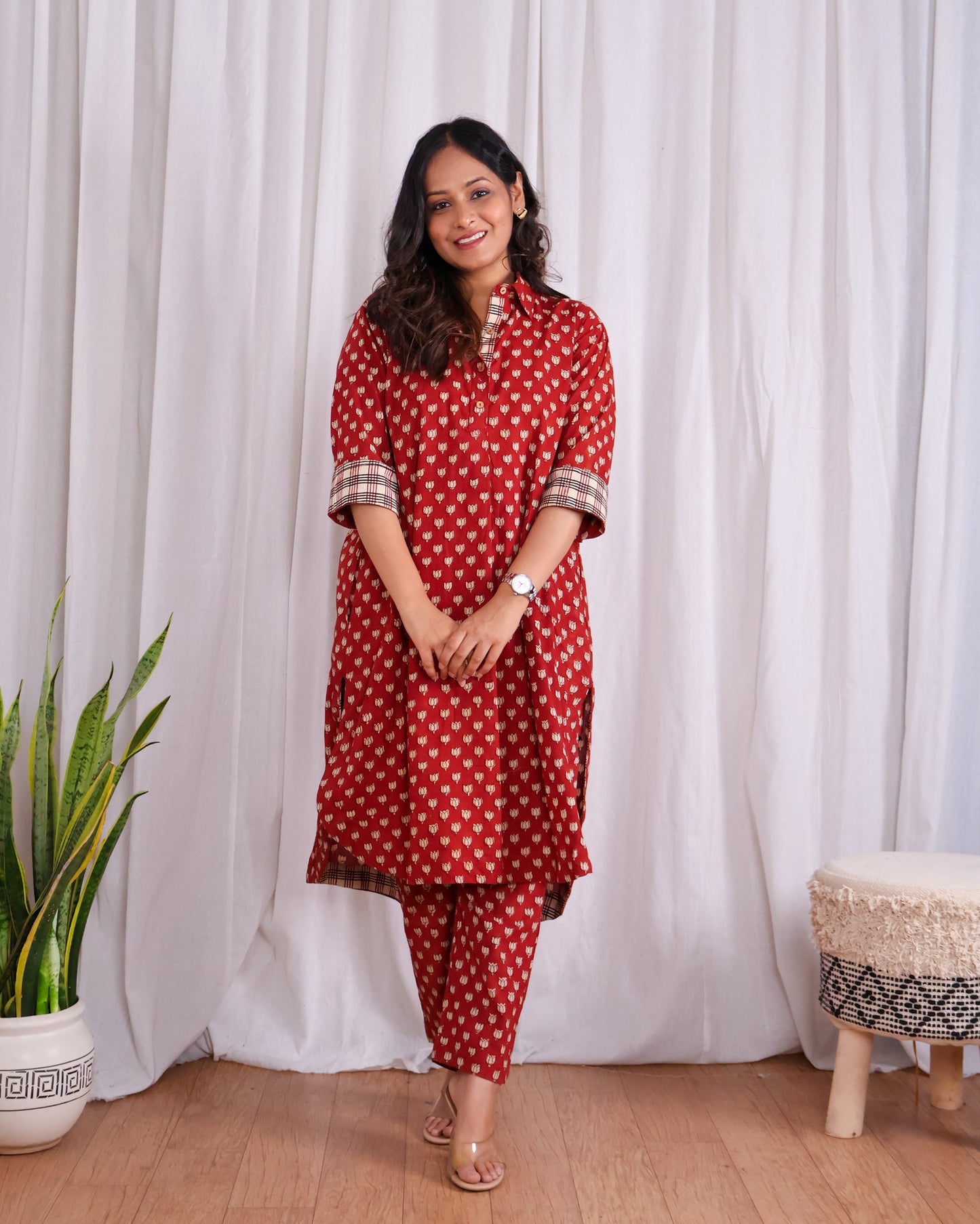 Tia Red Bagru HandBlock Print Cotton Kurta Set