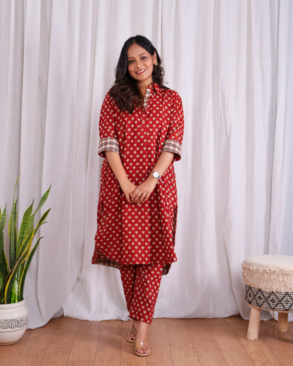 Tia Red Bagru HandBlock Print Cotton Kurta Set