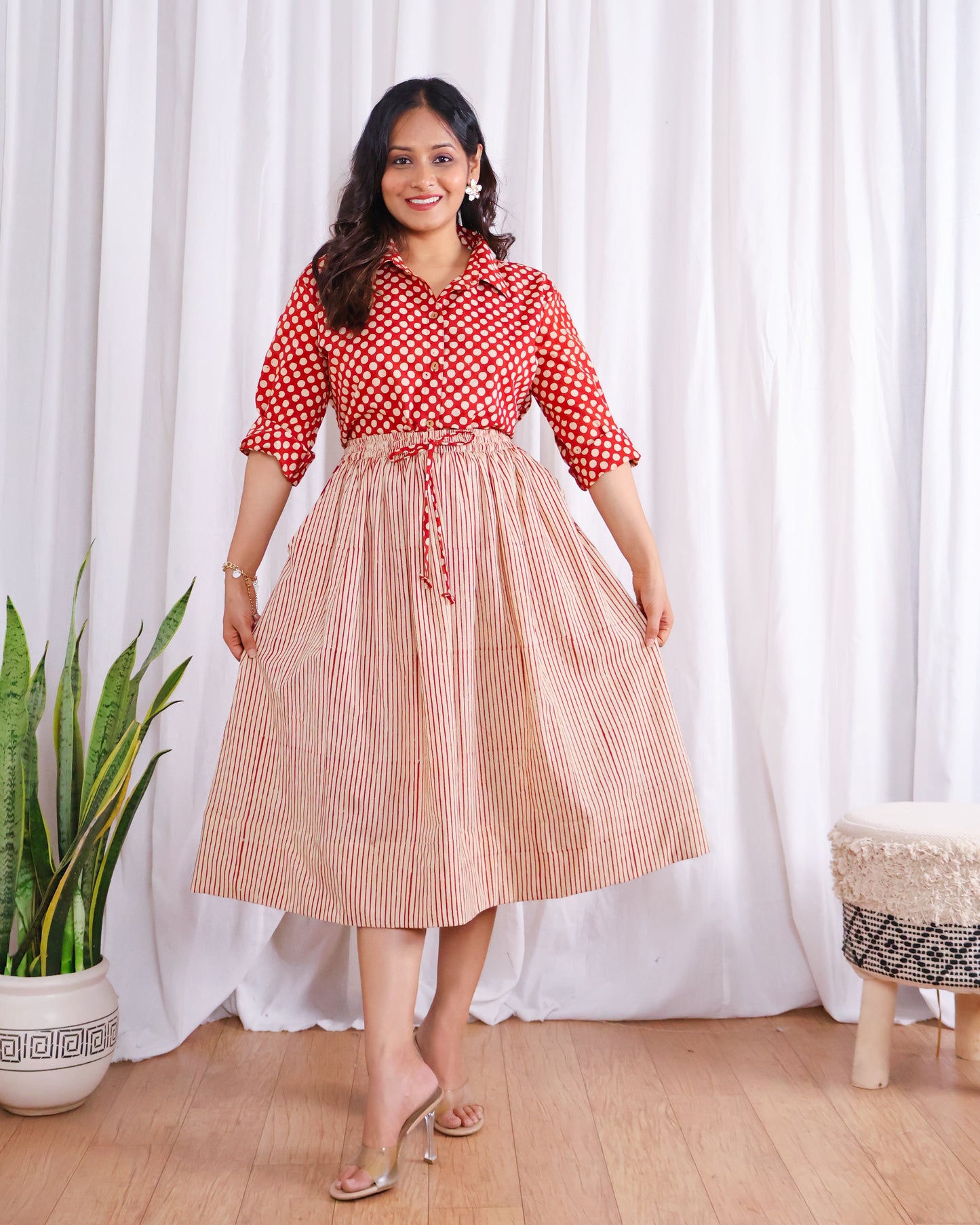 Sarah Red Striped HandBlock Bagru Print Shirt Skirt Set