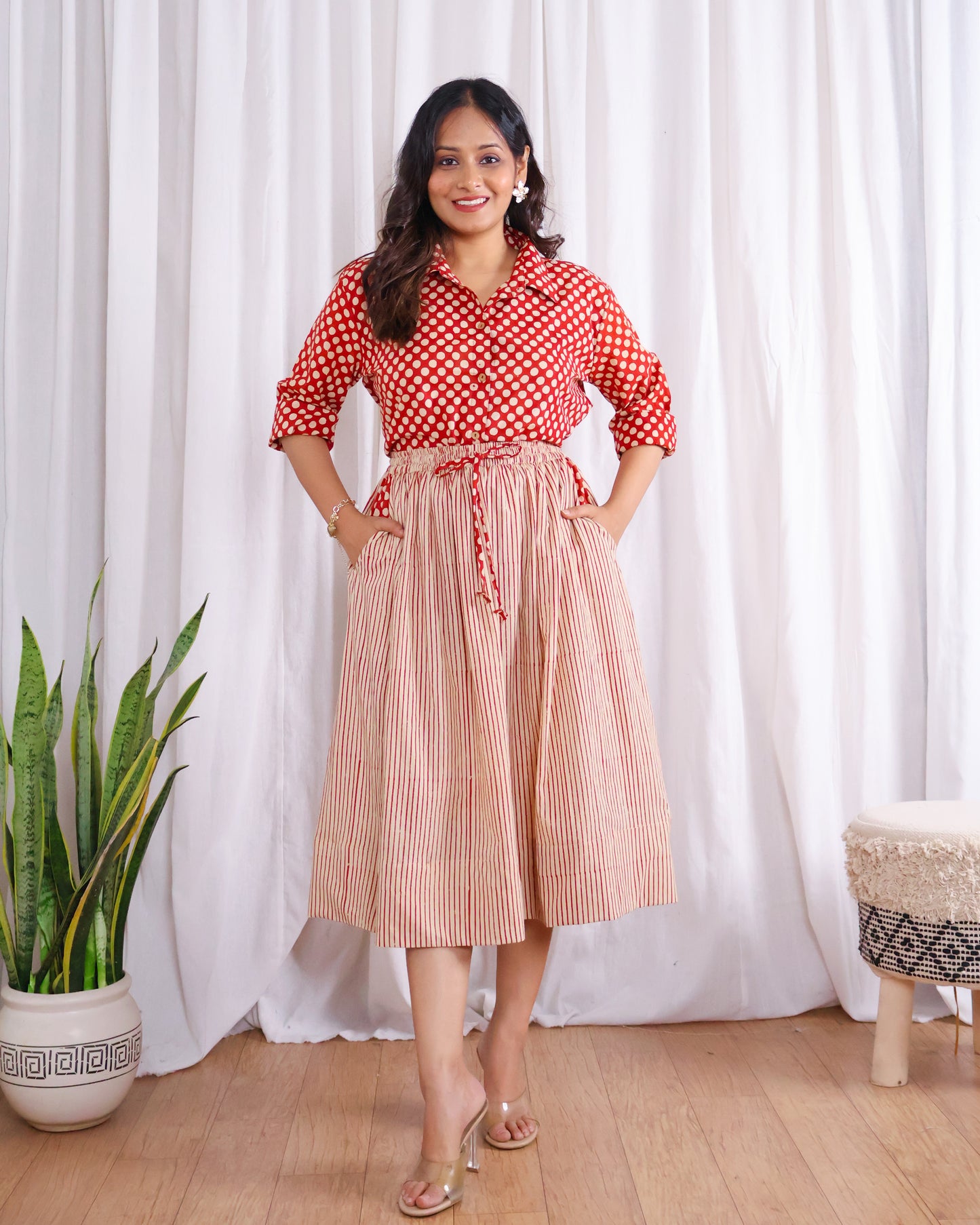 Sarah Red Striped HandBlock Bagru Print Shirt Skirt Set