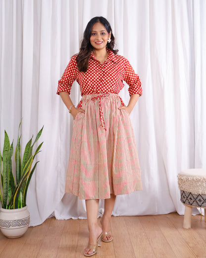 Sarah Red Striped HandBlock Bagru Print Shirt Skirt Set
