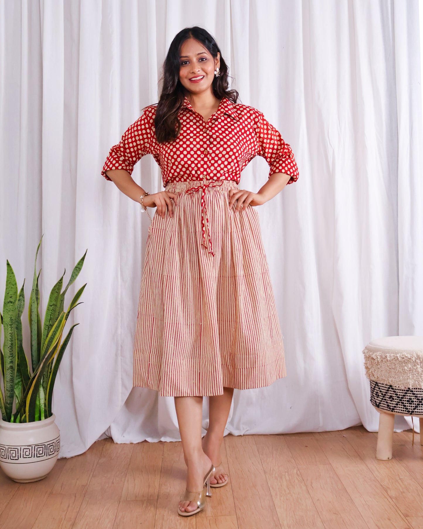 Sarah Red Striped HandBlock Bagru Print Shirt Skirt Set