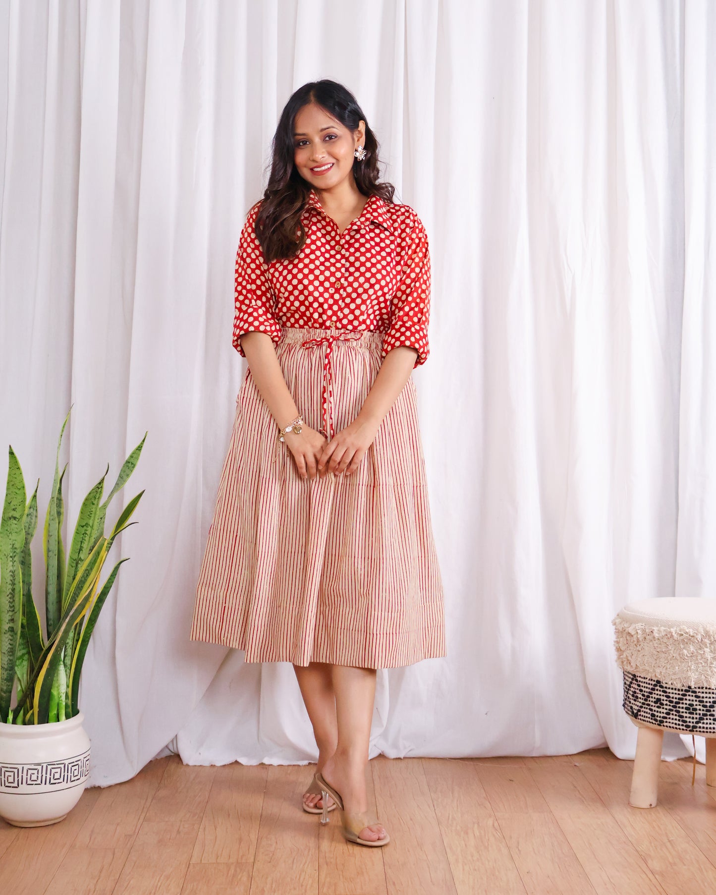Sarah Red Striped HandBlock Bagru Print Shirt Skirt Set