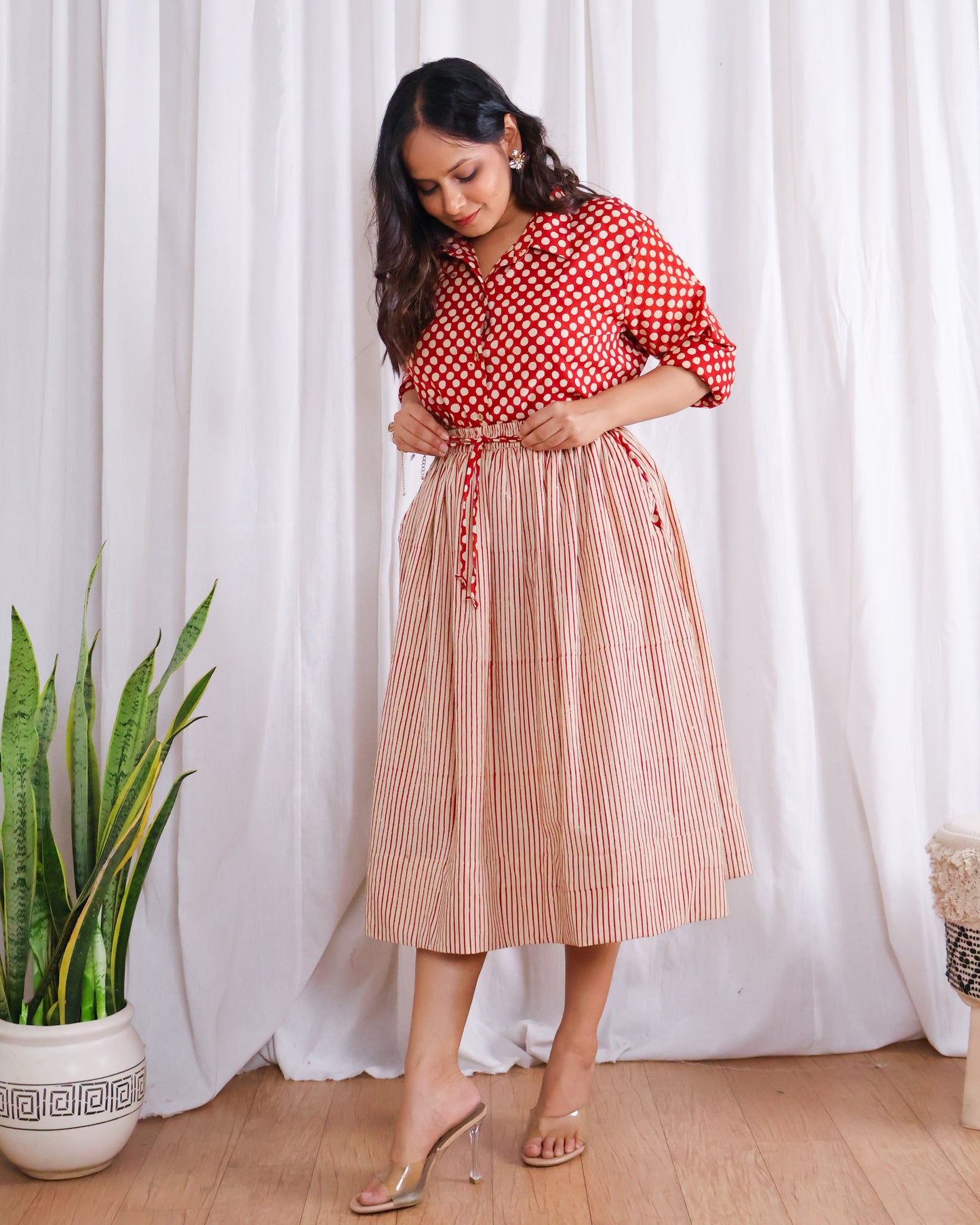 Sarah Red Striped HandBlock Bagru Print Shirt Skirt Set