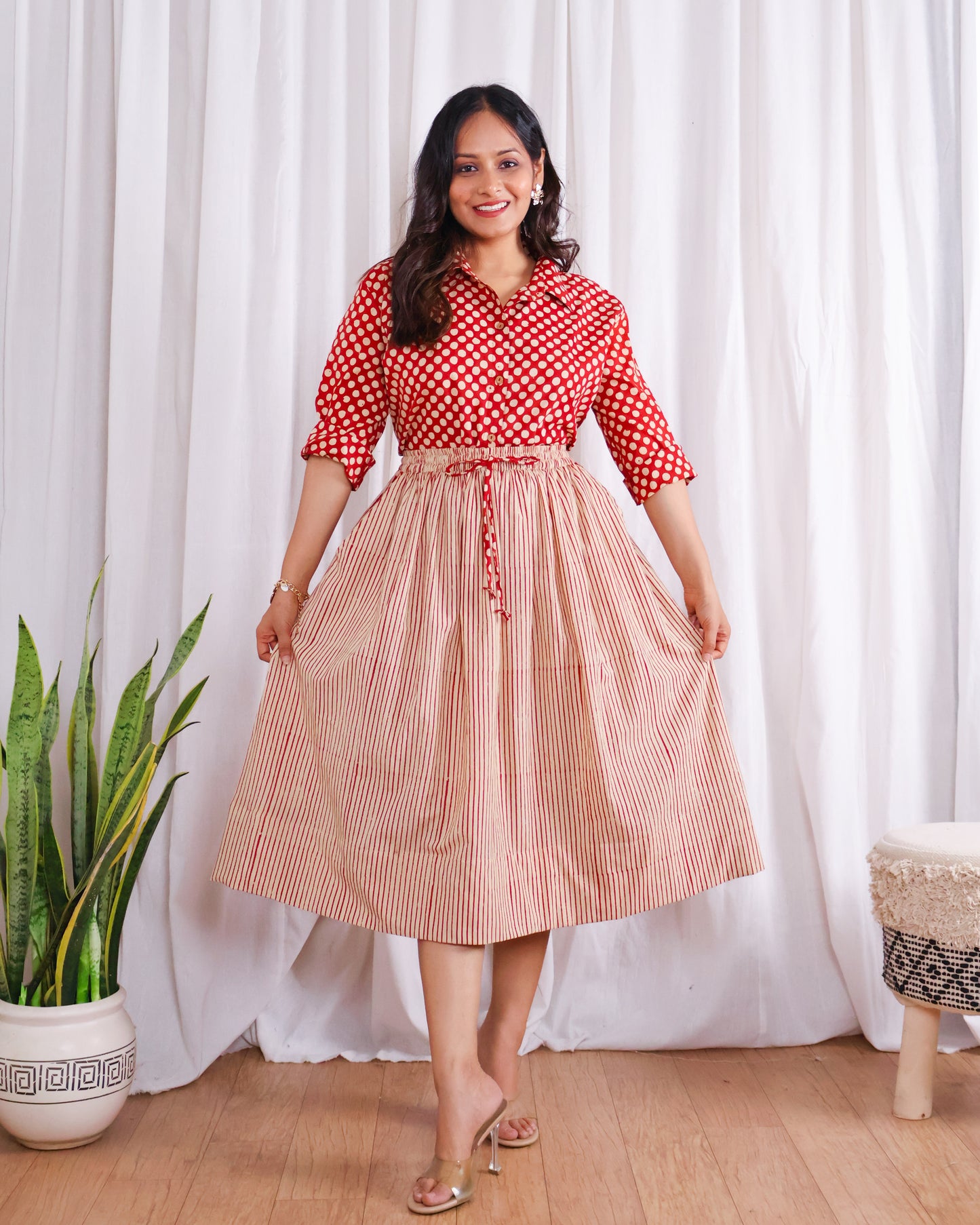 Sarah Red Striped HandBlock Bagru Print Shirt Skirt Set
