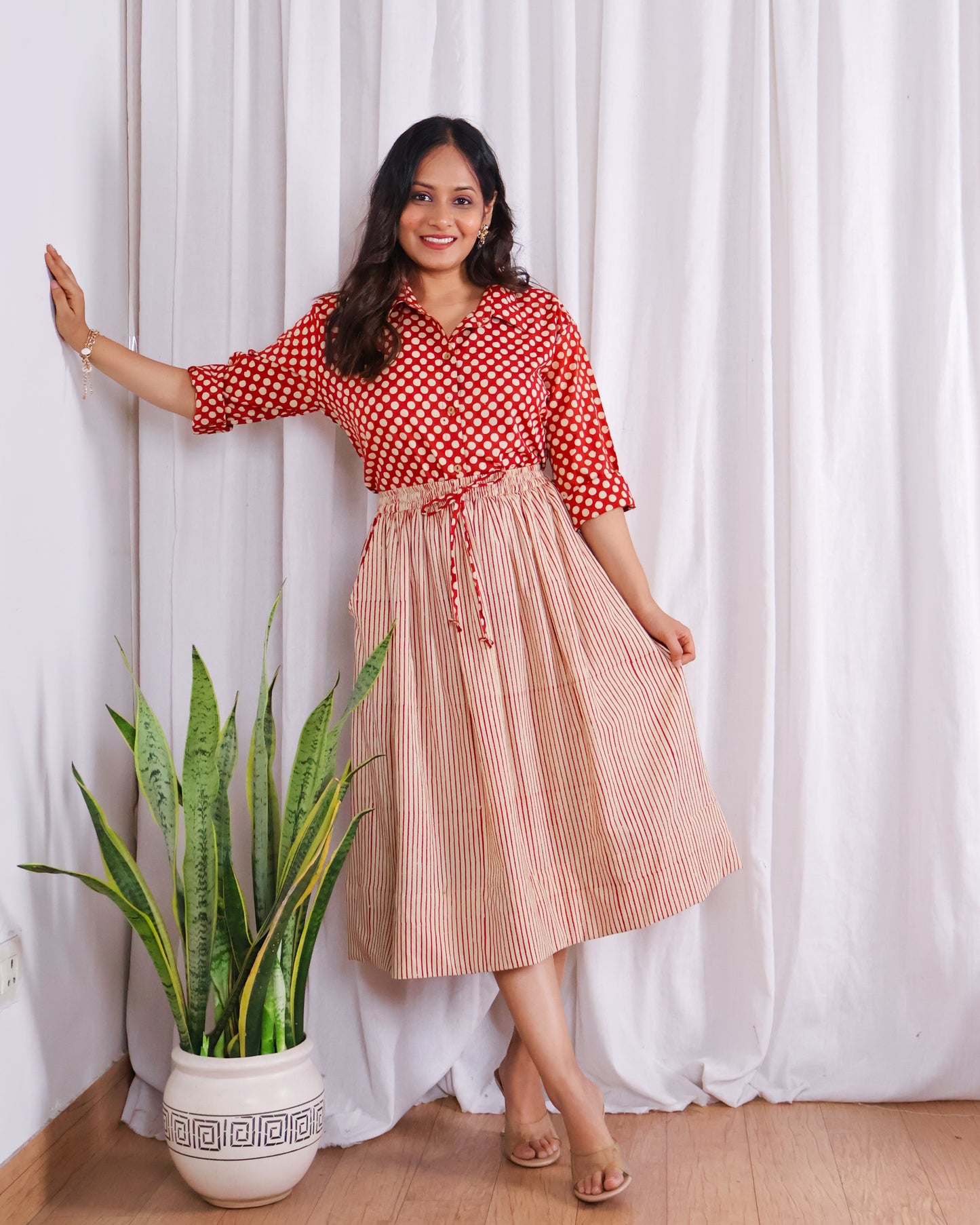Sarah Red Striped HandBlock Bagru Print Shirt Skirt Set