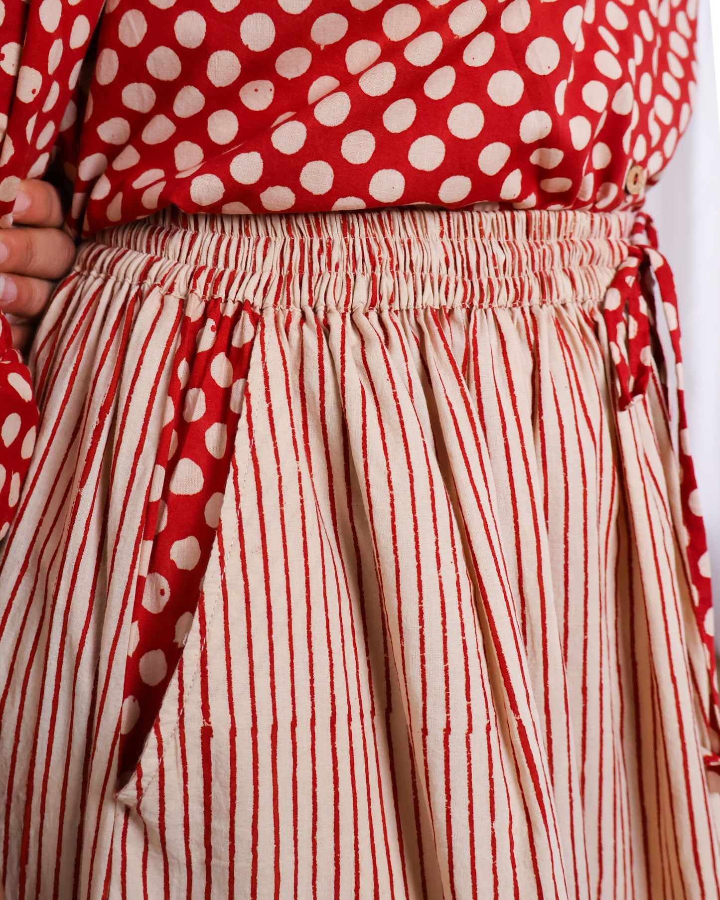 Sarah Red Striped HandBlock Bagru Print Shirt Skirt Set