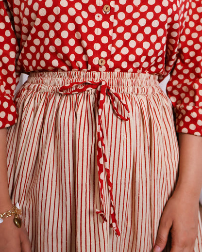 Sarah Red Striped HandBlock Bagru Print Shirt Skirt Set