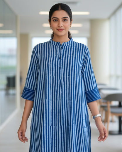 June Indigo Dabu HandBlock Stripes Print Cotton Kurta Set