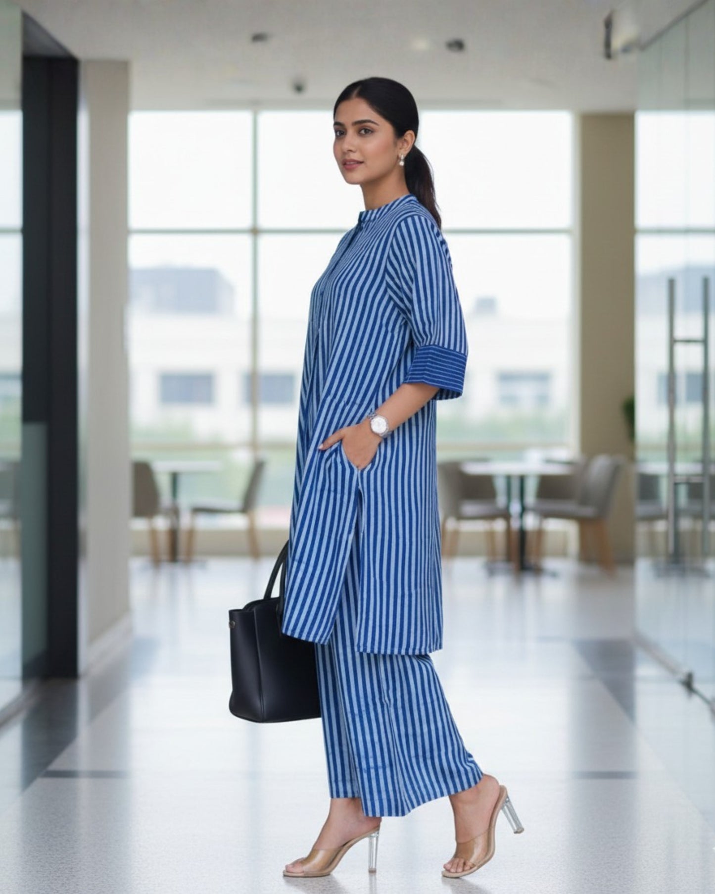 June Indigo Dabu HandBlock Stripes Print Cotton Kurta Set