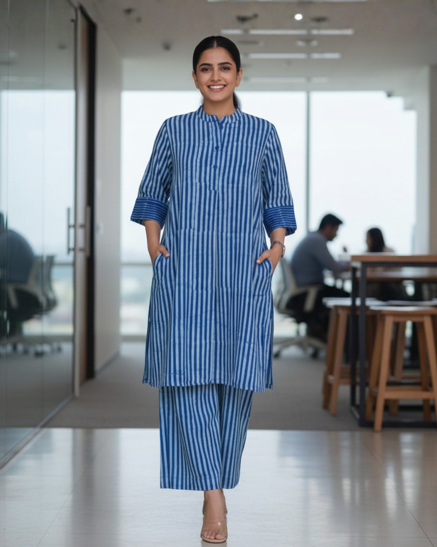 June Indigo Dabu HandBlock Stripes Print Cotton Kurta Set