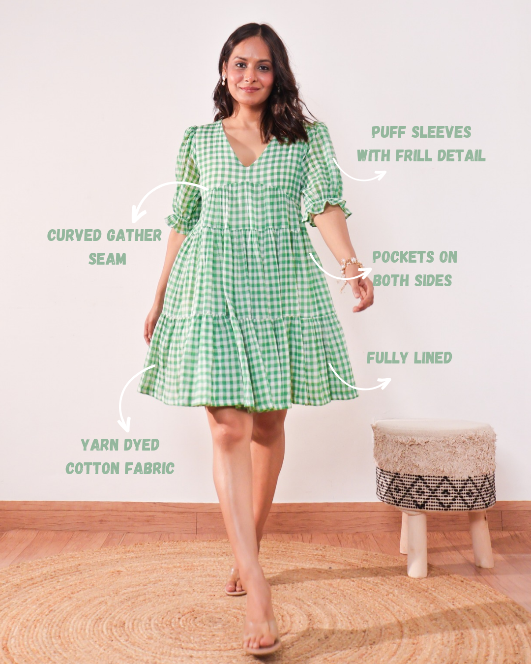 Minty Checkmate Cotton Tiered Dress