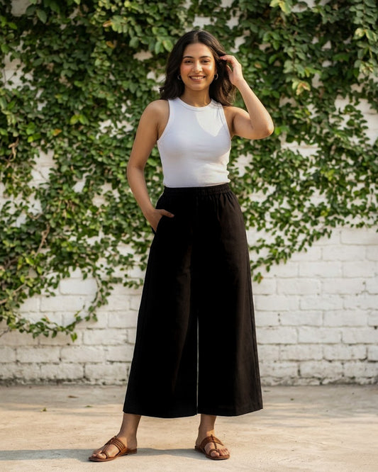 Black Cotton Flared Cropped Pants